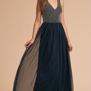 Adrianna Papell Beaded & Tulle Gown, Navy Blue, Size 6, Floor Length Formal Gown